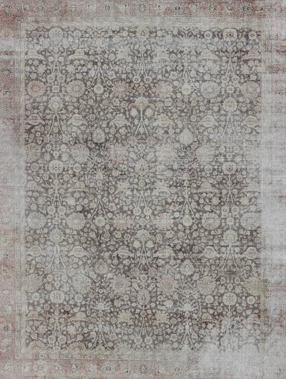 Antique Turkish Oushak Rug with All-Over Floral Design in Earth Tones In Distressed Condition For Sale In Atlanta, GA
