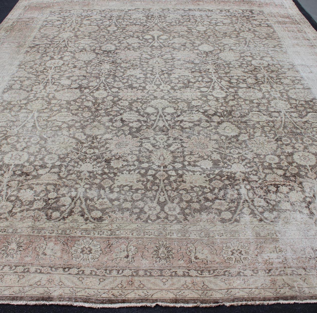 Antique Turkish Oushak Rug with All-Over Floral Design in Earth Tones For Sale 1