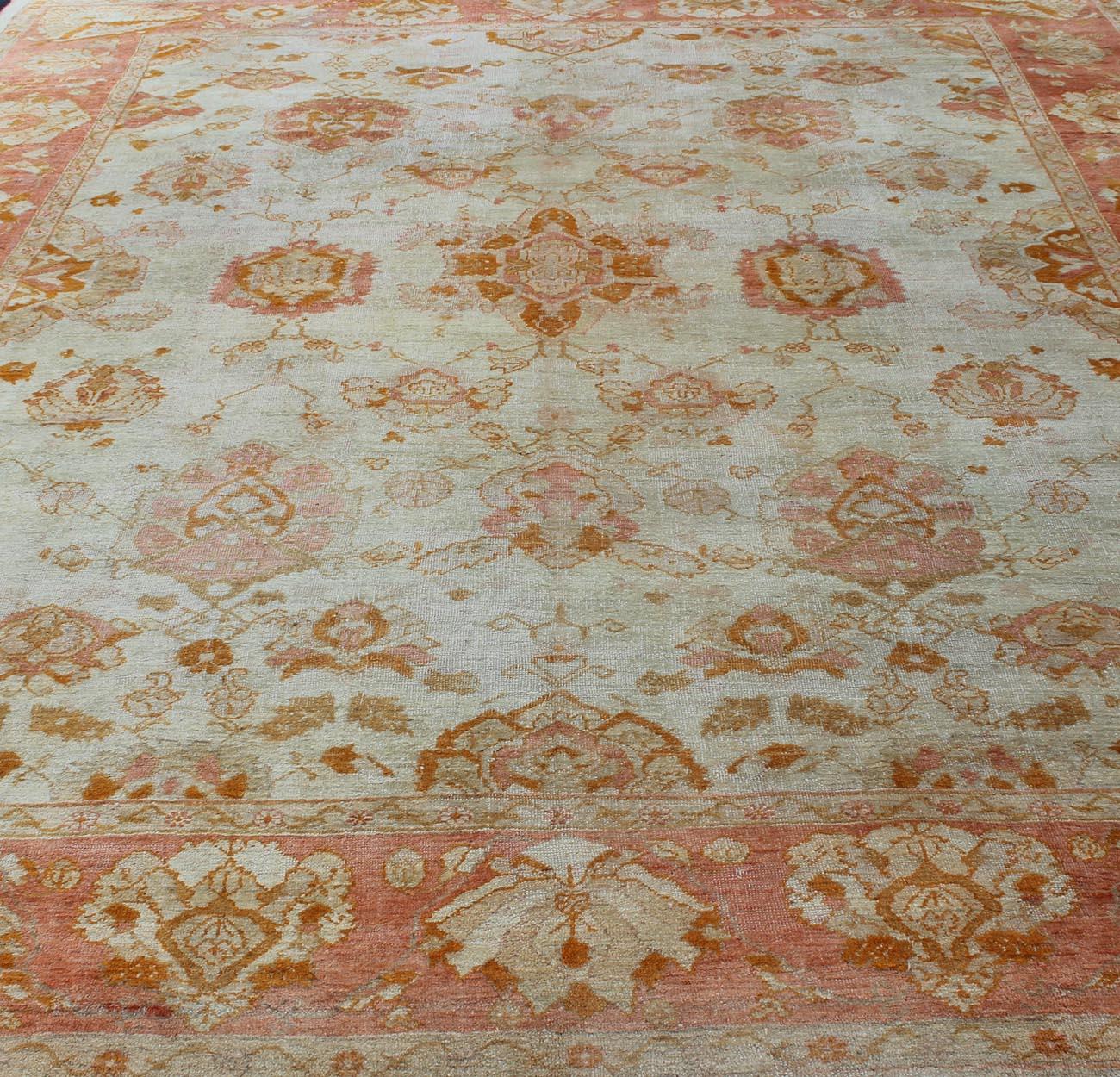 Antique Turkish Oushak Rug with All-Over Design in Ivory and Coral-Salmon  For Sale 4