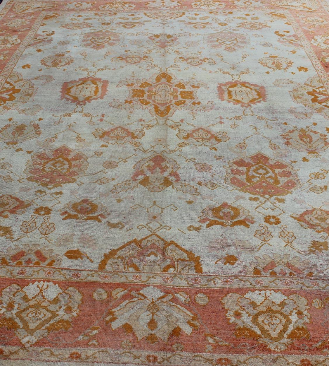 Antique Turkish Oushak Rug with All-Over Design in Ivory and Coral-Salmon For Sale 5