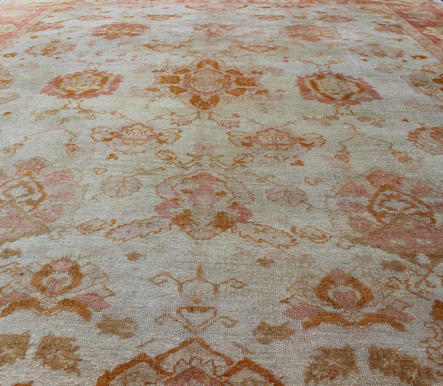 Antique Turkish Oushak Rug with All-Over Design in Ivory and Coral-Salmon For Sale 6