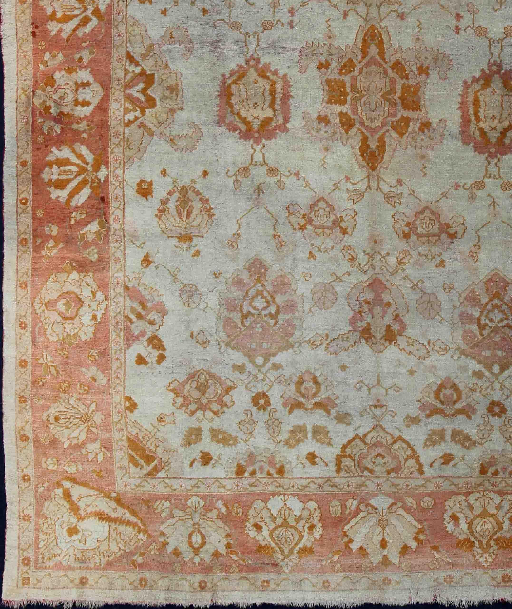 All-over flower design Oushak rug from Turkey. Keivan Woven Arts /  rug 19-0505, country of origin / type: Turkey / Oushak, circa 1900. Antique oushak, Large antique oushak, Turkish oushak
Measures: 13'3 x 16'3.
This Turkish antique Oushak rug