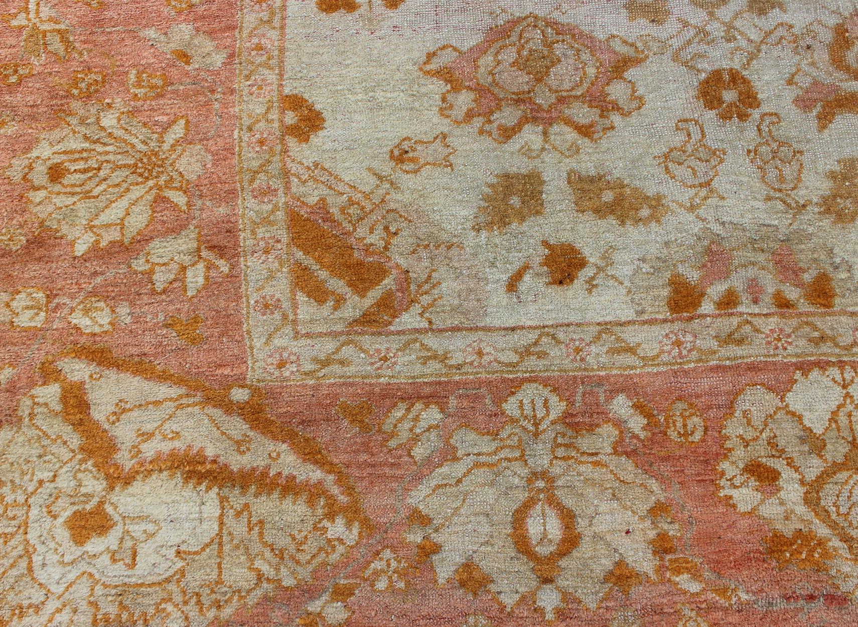 20th Century Antique Turkish Oushak Rug with All-Over Design in Ivory and Coral-Salmon For Sale