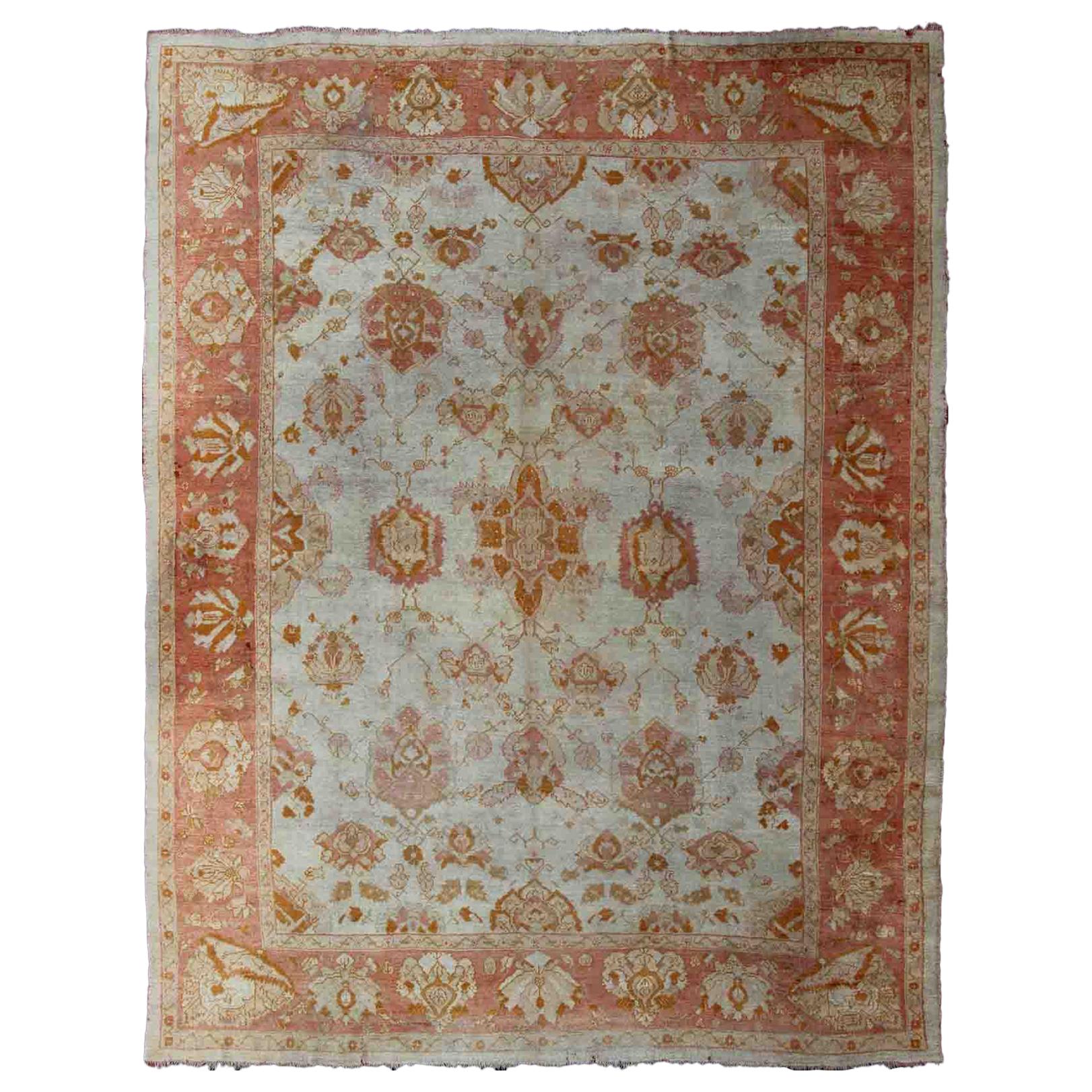 Antique Turkish Oushak Rug with All-Over Design in Ivory and Coral-Salmon  For Sale