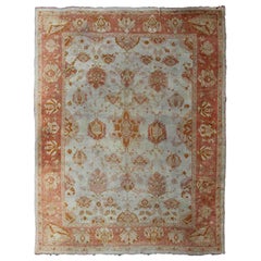 Antique Turkish Oushak Rug with All-Over Design in Ivory and Orange Red