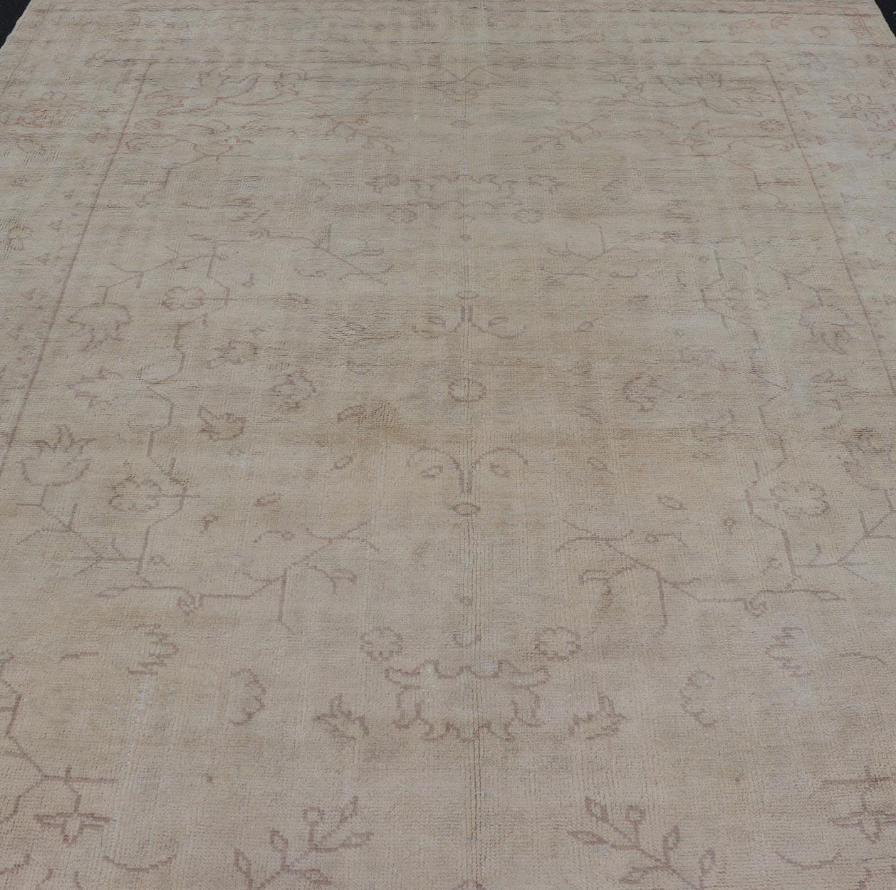 Hand-Knotted Antique Turkish Oushak Rug with all Over Design in White and Muted Design For Sale