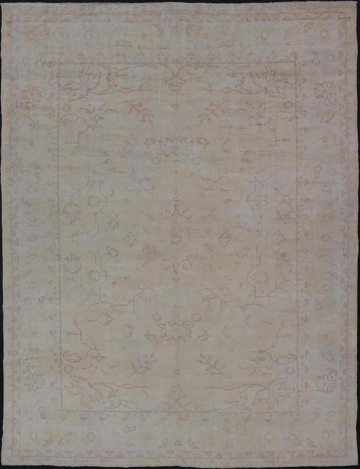 Antique Turkish Oushak Rug with all Over Design in White and Muted Design For Sale