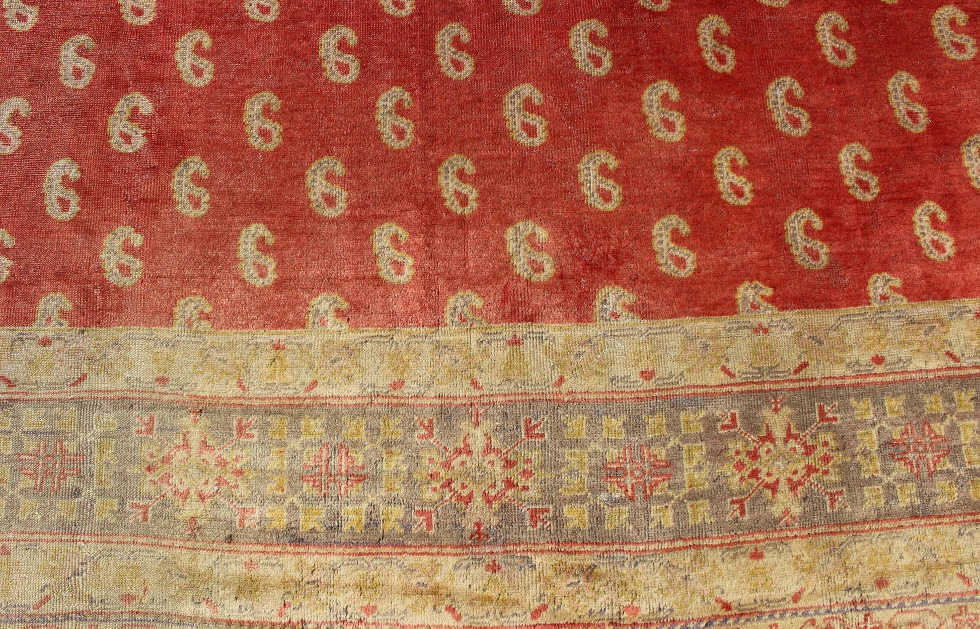 Antique Turkish Oushak Rug with All-Over Design with Red, Light Green and Gold For Sale 7