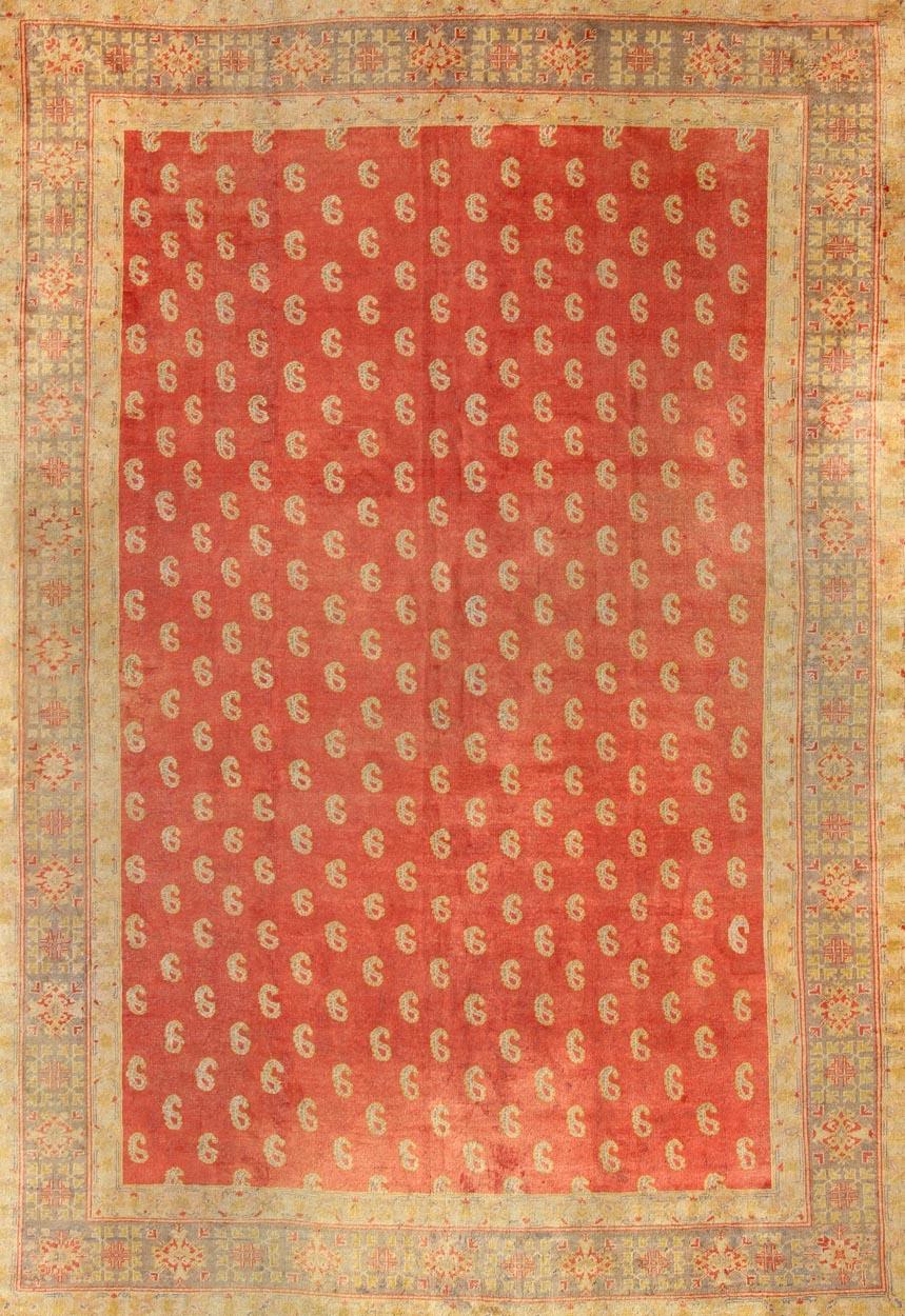 Hand-Knotted Antique Turkish Oushak Rug with All-Over Design with Red, Light Green and Gold For Sale