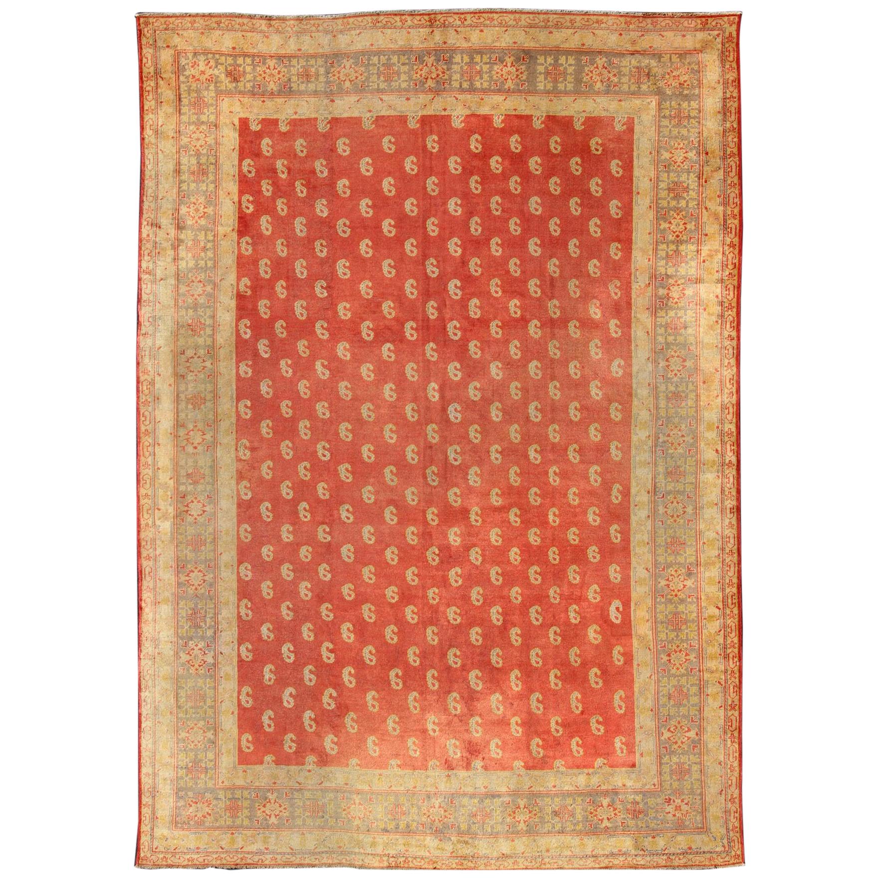 Antique Turkish Oushak Rug with All-Over Design with Red, Light Green and Gold For Sale