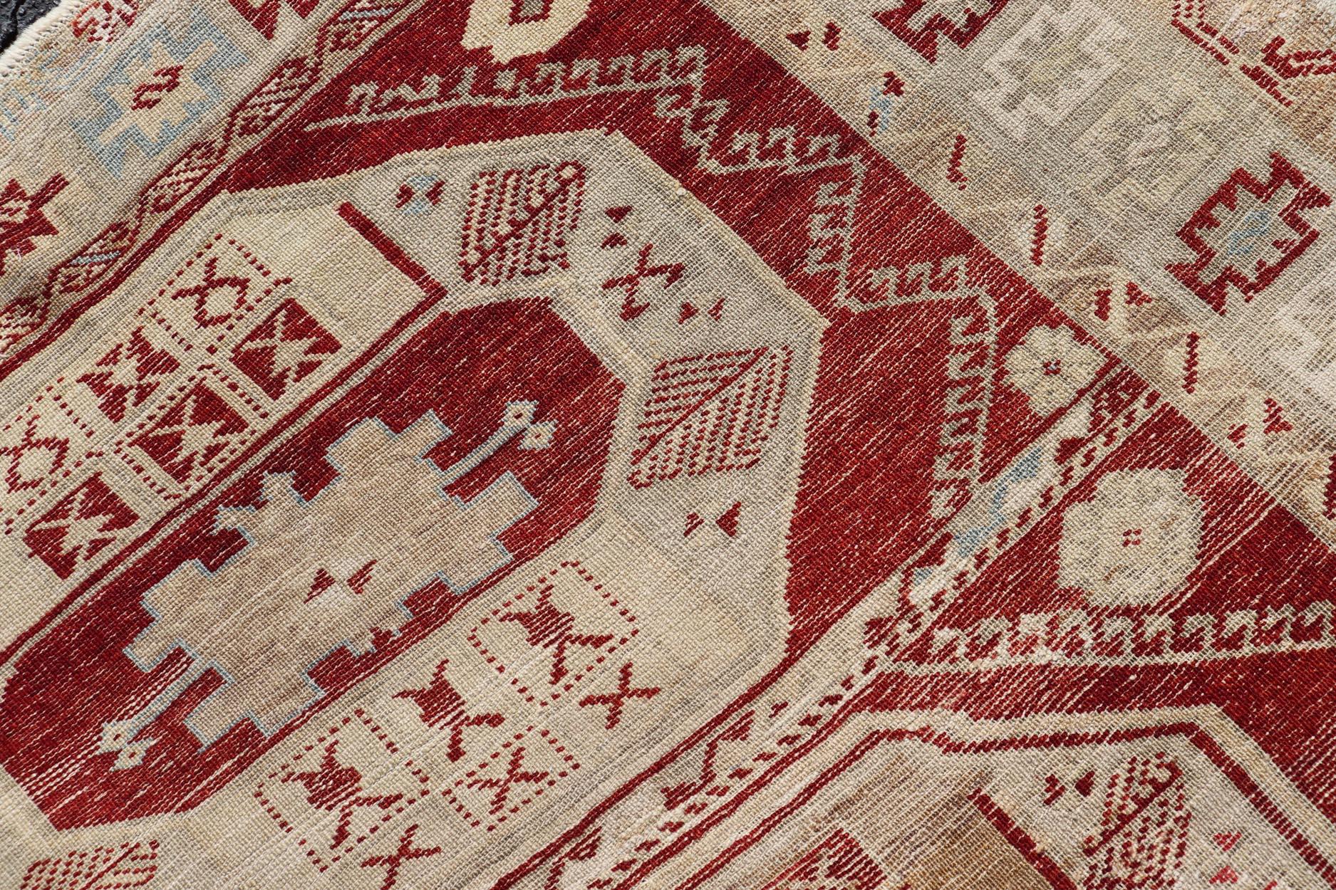 Antique Turkish Oushak Rug with Deep Red, Ivory Tones and Medallions 4'8 x 9'6 For Sale 3