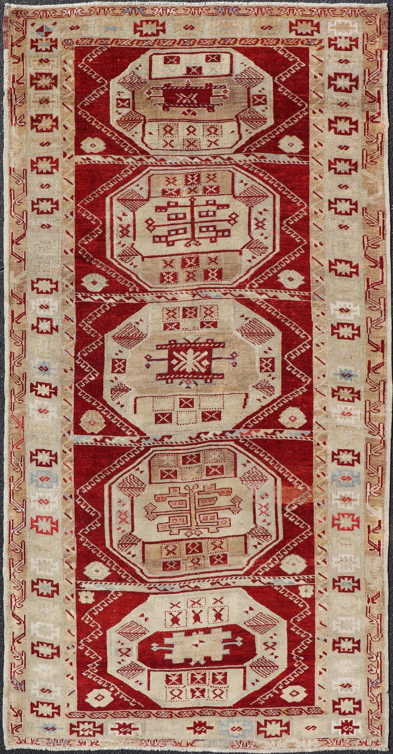 Antique Turkish Oushak Rug with Deep Red, Ivory Tones and Medallions 4'8 x 9'6 For Sale