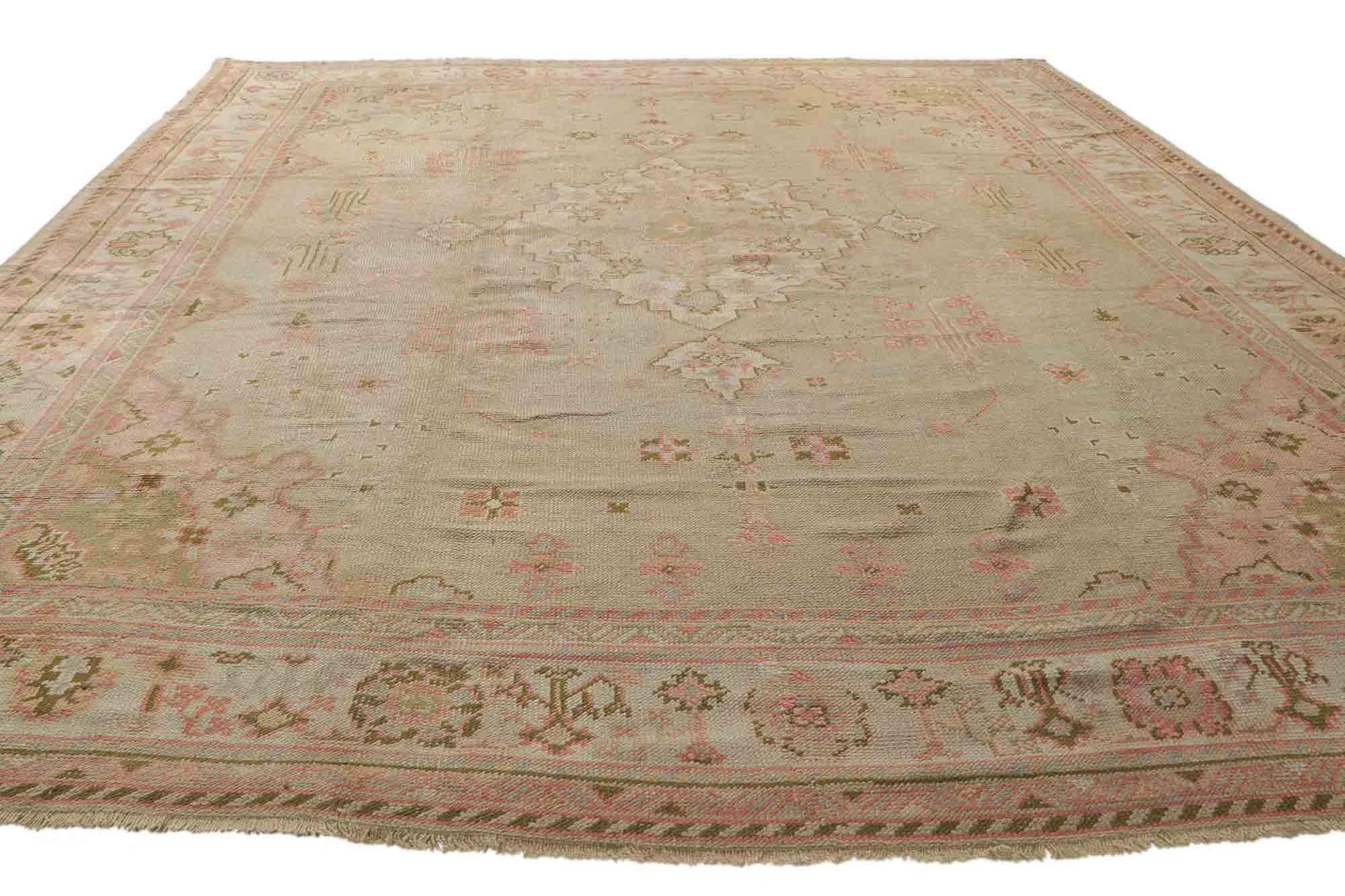 Hand-Knotted Antique Turkish Oushak Rug with English Country Charm For Sale