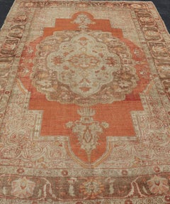 Antique Turkish Oushak Rug with Floral Medallion Burnt Orange and Cream