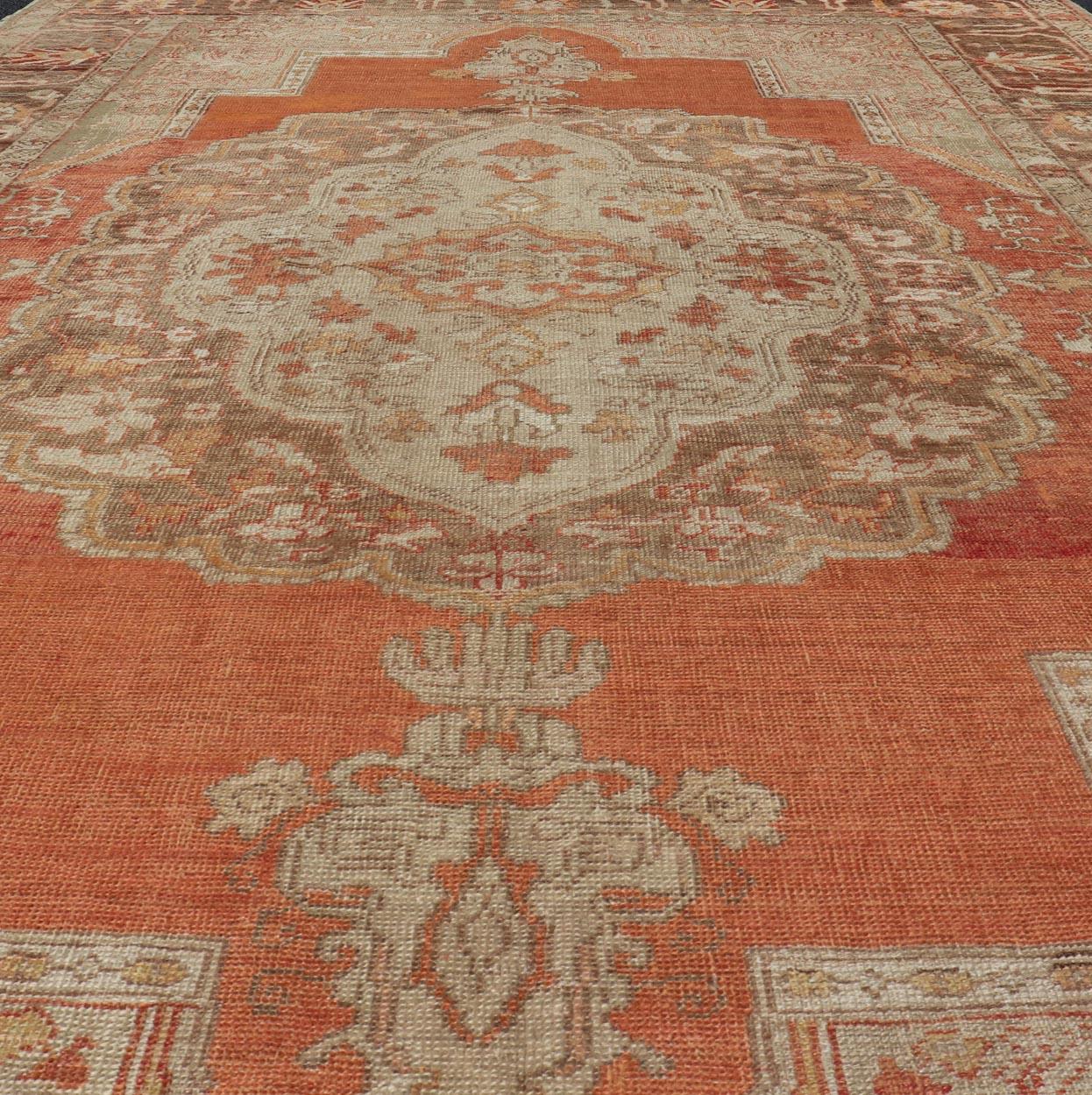 Hand-Knotted  Antique Turkish Oushak Rug with Floral Medallion Burnt Orange and Cream  For Sale