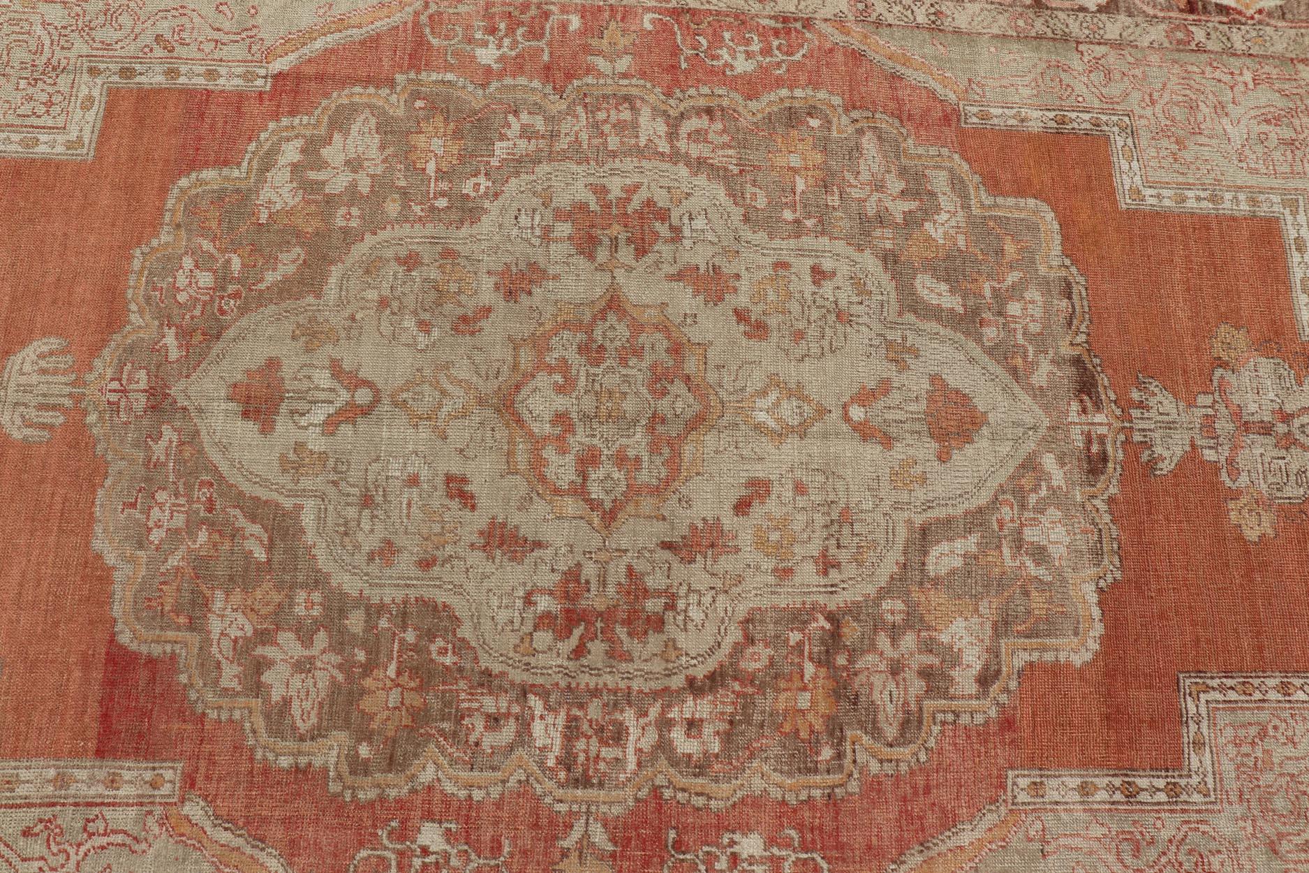  Antique Turkish Oushak Rug with Floral Medallion Burnt Orange and Cream  In Good Condition For Sale In Atlanta, GA