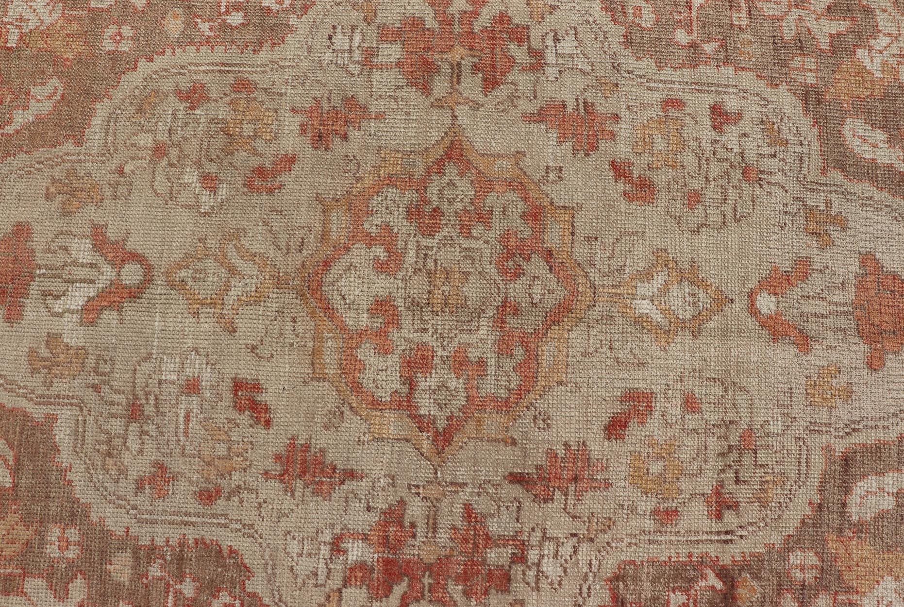 20th Century  Antique Turkish Oushak Rug with Floral Medallion Burnt Orange and Cream  For Sale