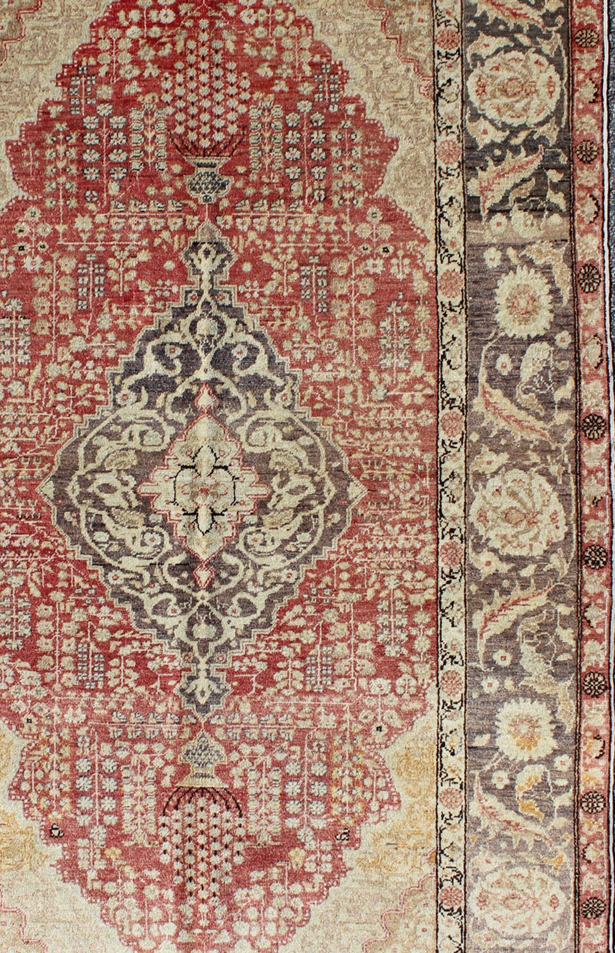 Antique Turkish Oushak Rug with Floral Medallion Design in Red and Charcoal In Good Condition For Sale In Atlanta, GA
