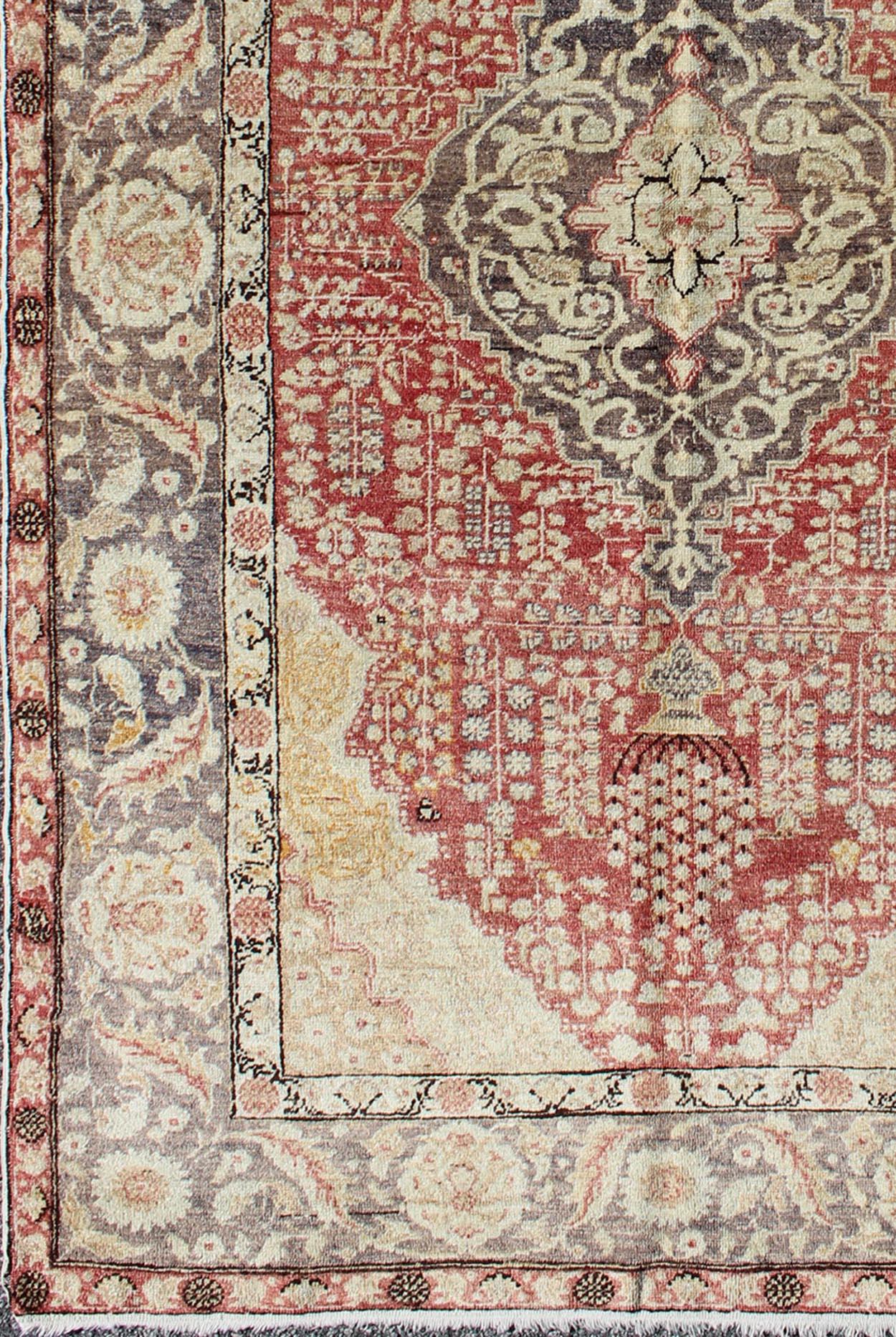 20th Century Antique Turkish Oushak Rug with Floral Medallion Design in Red and Charcoal For Sale