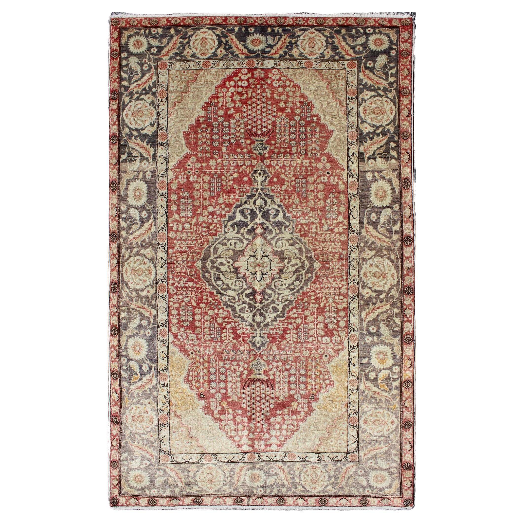 Antique Turkish Oushak Rug with Floral Medallion Design in Red and Charcoal