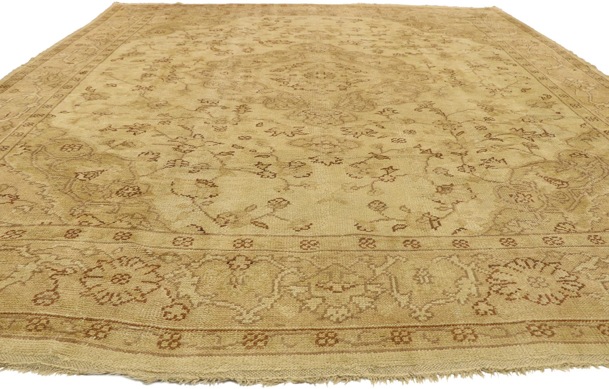 Hand-Knotted Antique Turkish Oushak Rug with French Country Style and European Cottage Charm For Sale