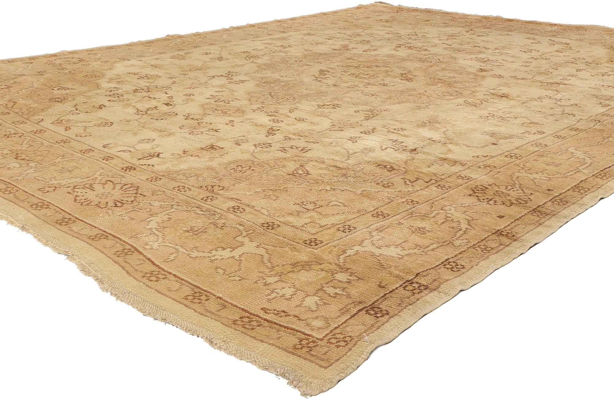 74056 Antique Neutral Turkish Oushak Rug, 10'04 x 13'10. Bathed in the golden hush of time, this hand-knotted wool antique Turkish Oushak rug unfolds like a forgotten verse from an Anatolian manuscript—its every thread humming with the elegance of