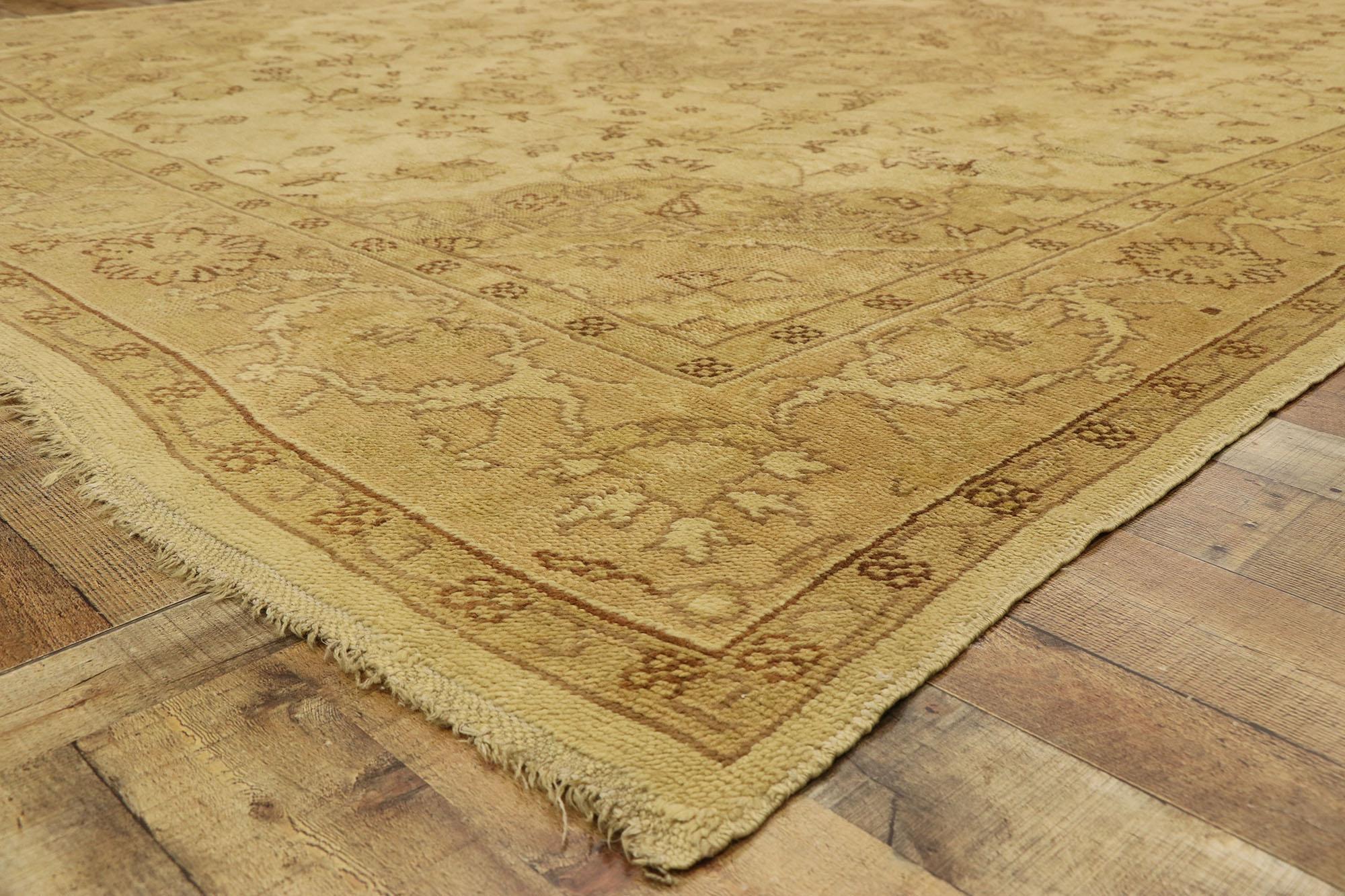 Wool Antique Turkish Oushak Rug with French Country Style and European Cottage Charm For Sale