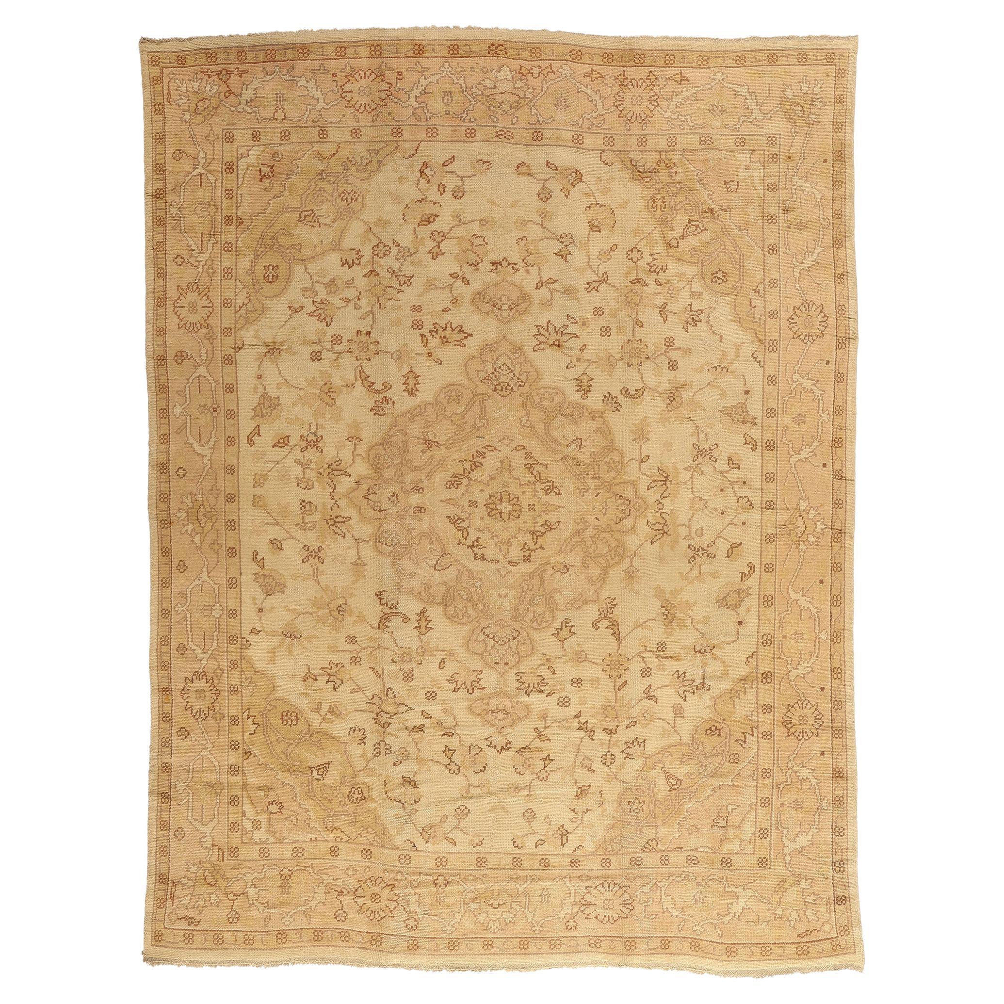 1910's Antique Neutral Turkish Oushak Rug with Organic Modern Style For Sale