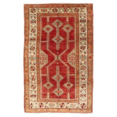 Antique Turkish Oushak Rug With Geometric Design in Red, Light Green & L. Orange