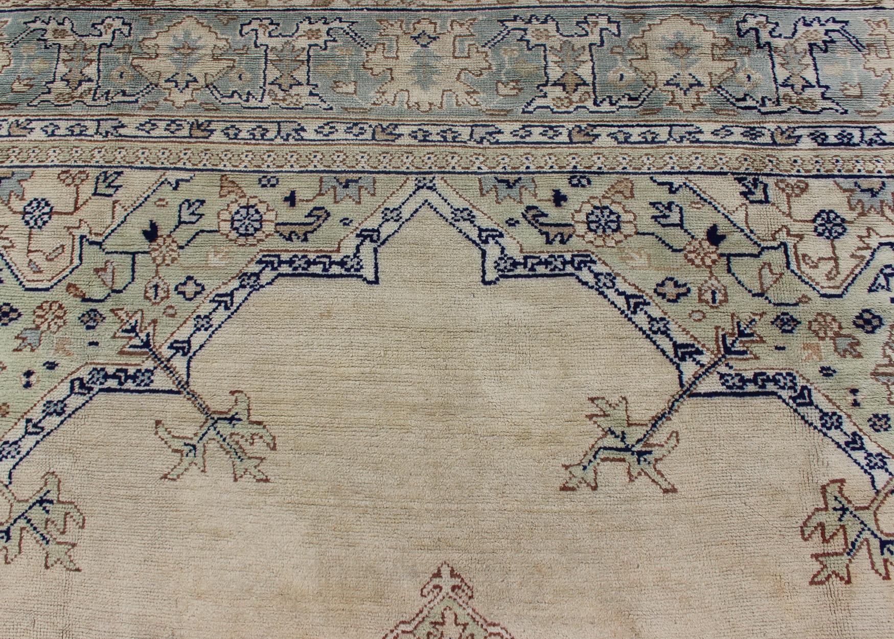 Antique Turkish Oushak with Geometric Motifs in Champagne Field and Accent Blue For Sale 5