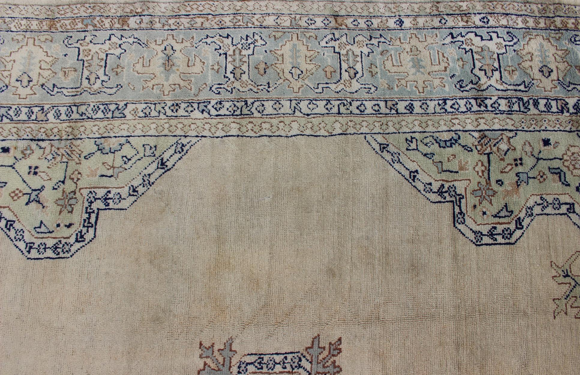 Antique Turkish Oushak with Geometric Motifs in Champagne Field and Accent Blue For Sale 6