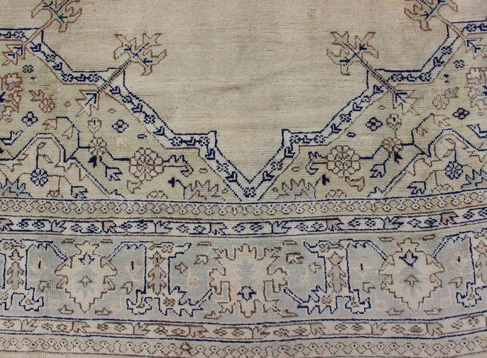 Antique Turkish Oushak with Geometric Motifs in Champagne Field and Accent Blue For Sale 7