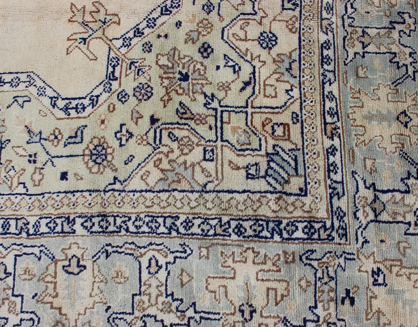 Antique Turkish Oushak with Geometric Motifs in Champagne Field and Accent Blue For Sale 10