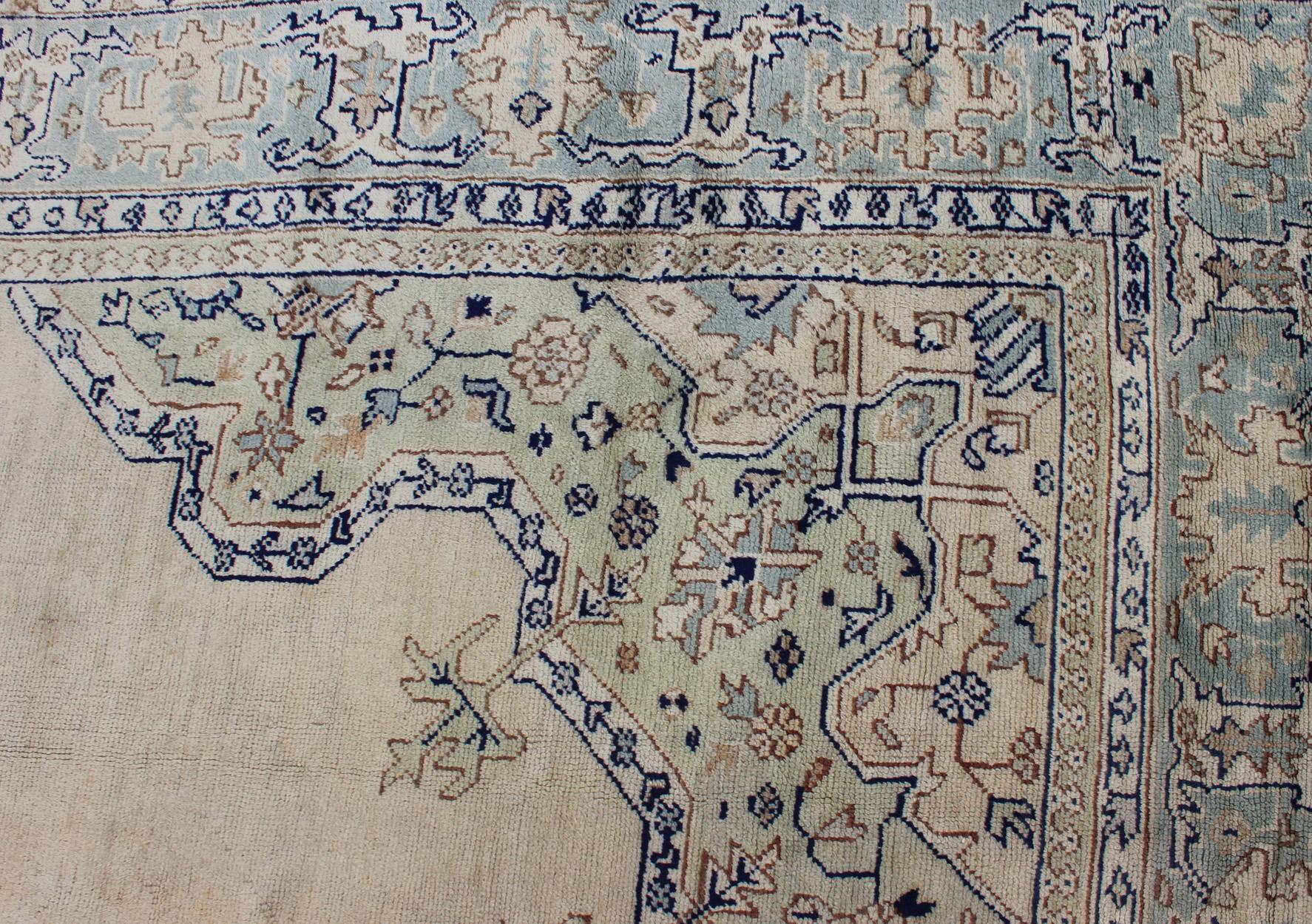 Antique Turkish Oushak with Geometric Motifs in Champagne Field and Accent Blue For Sale 11