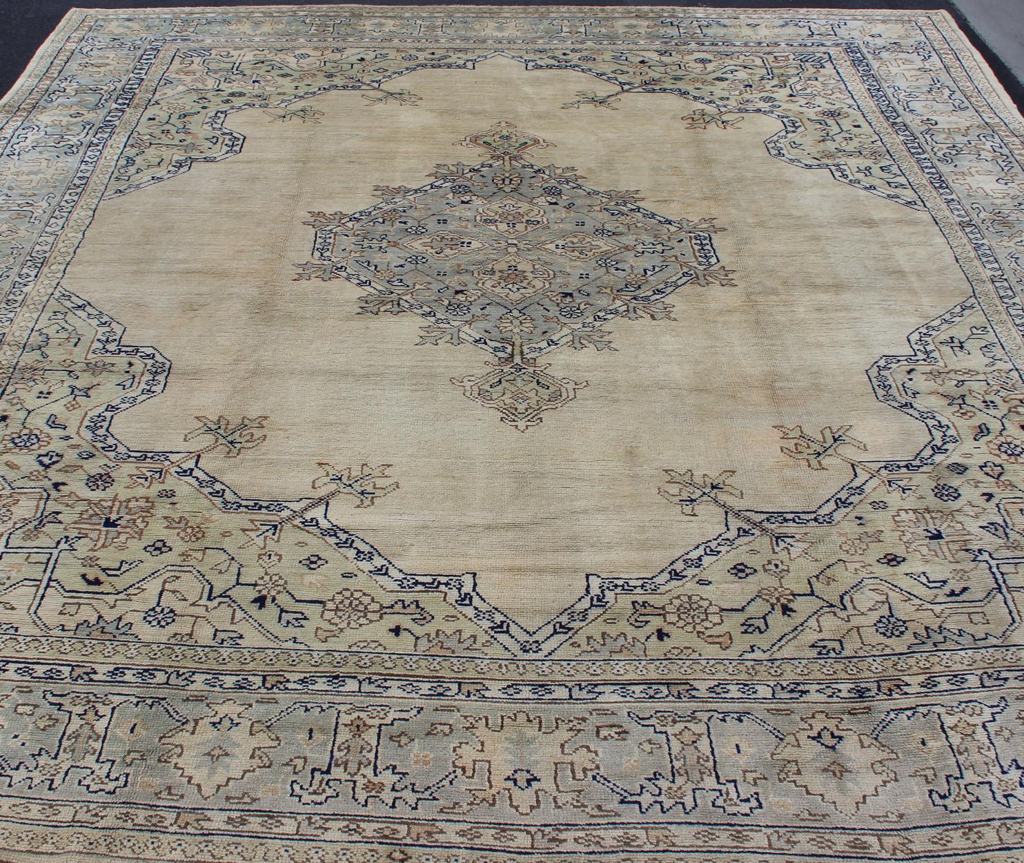 Antique Turkish Oushak with Geometric Motifs in Champagne Field and Accent Blue For Sale 2