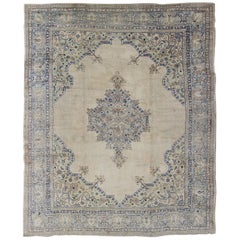 Antique Turkish Oushak with Geometric Motifs in Champagne Field and Accent Blue