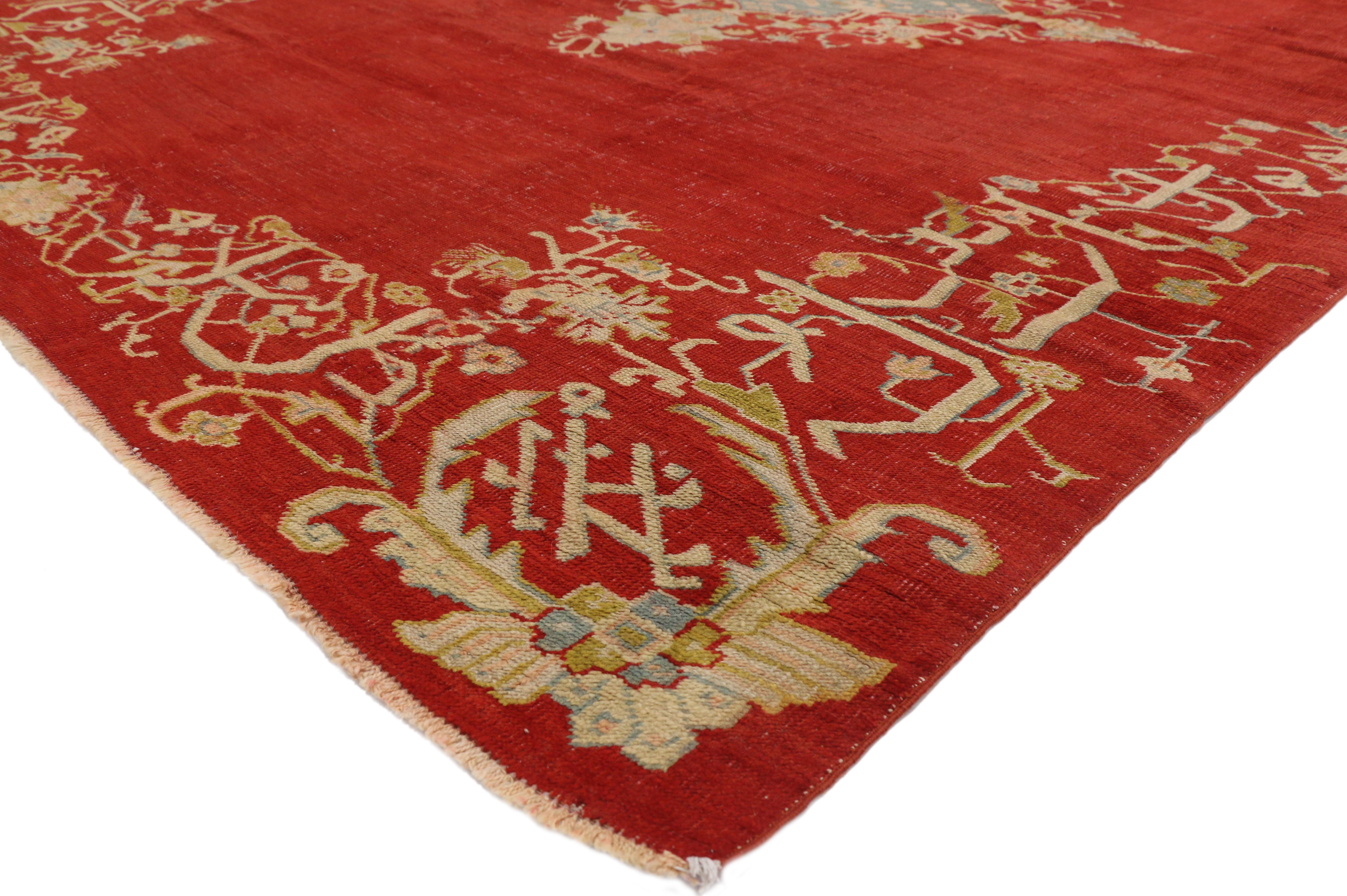73422 Antique Turkish Oushak Rug with Jacobean Fretwork Style 08'05 x 11'10. Timeless Anatolian tradition meets Jacobean fretwork style in this Classic style hand-knotted wool antique Turkish Oushak rug. The open abrashed red field beautifully