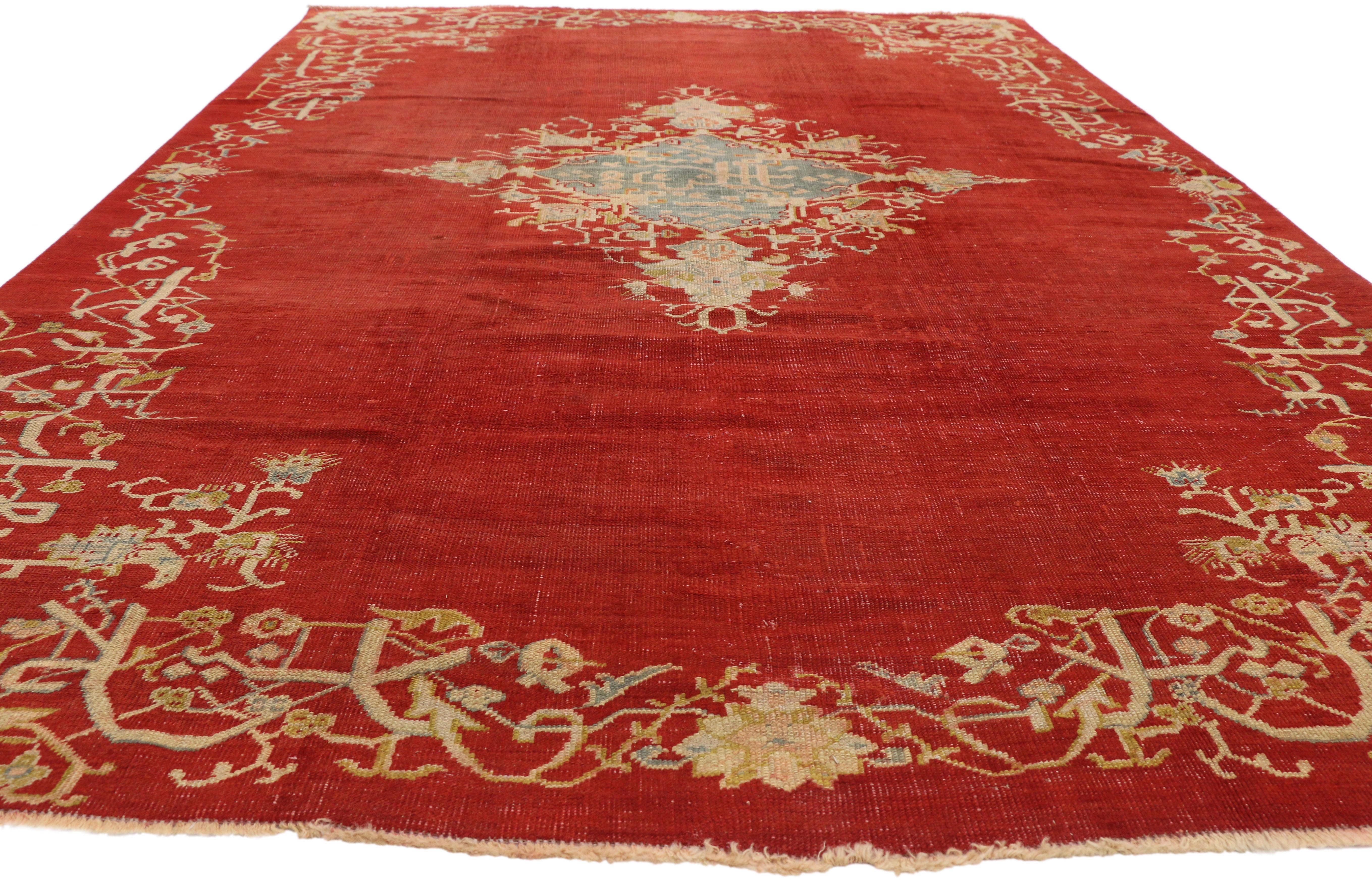 Hand-Knotted Antique Red Turkish Oushak Rug with Jacobean Style For Sale