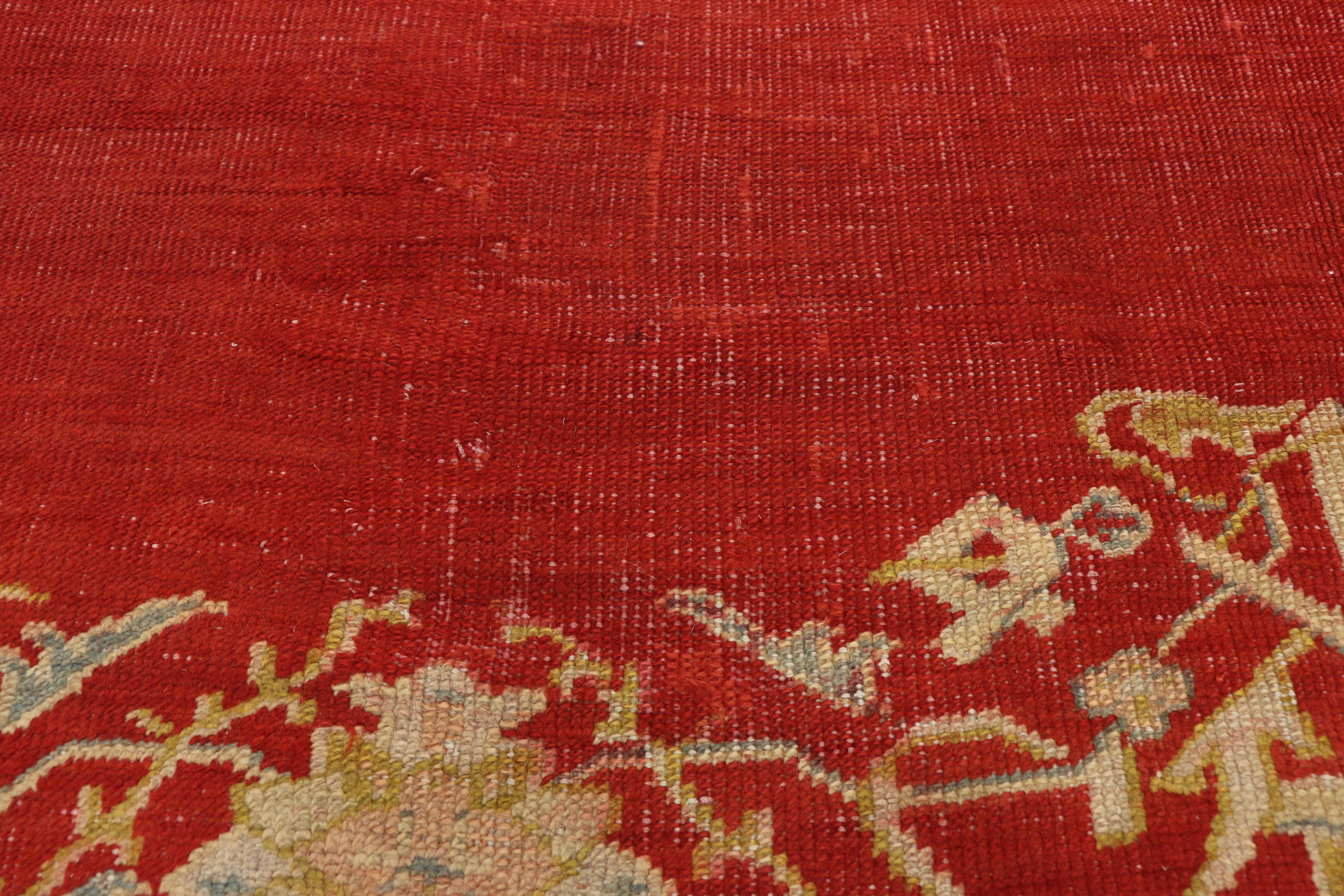 Antique Red Turkish Oushak Rug with Jacobean Style In Good Condition For Sale In Dallas, TX