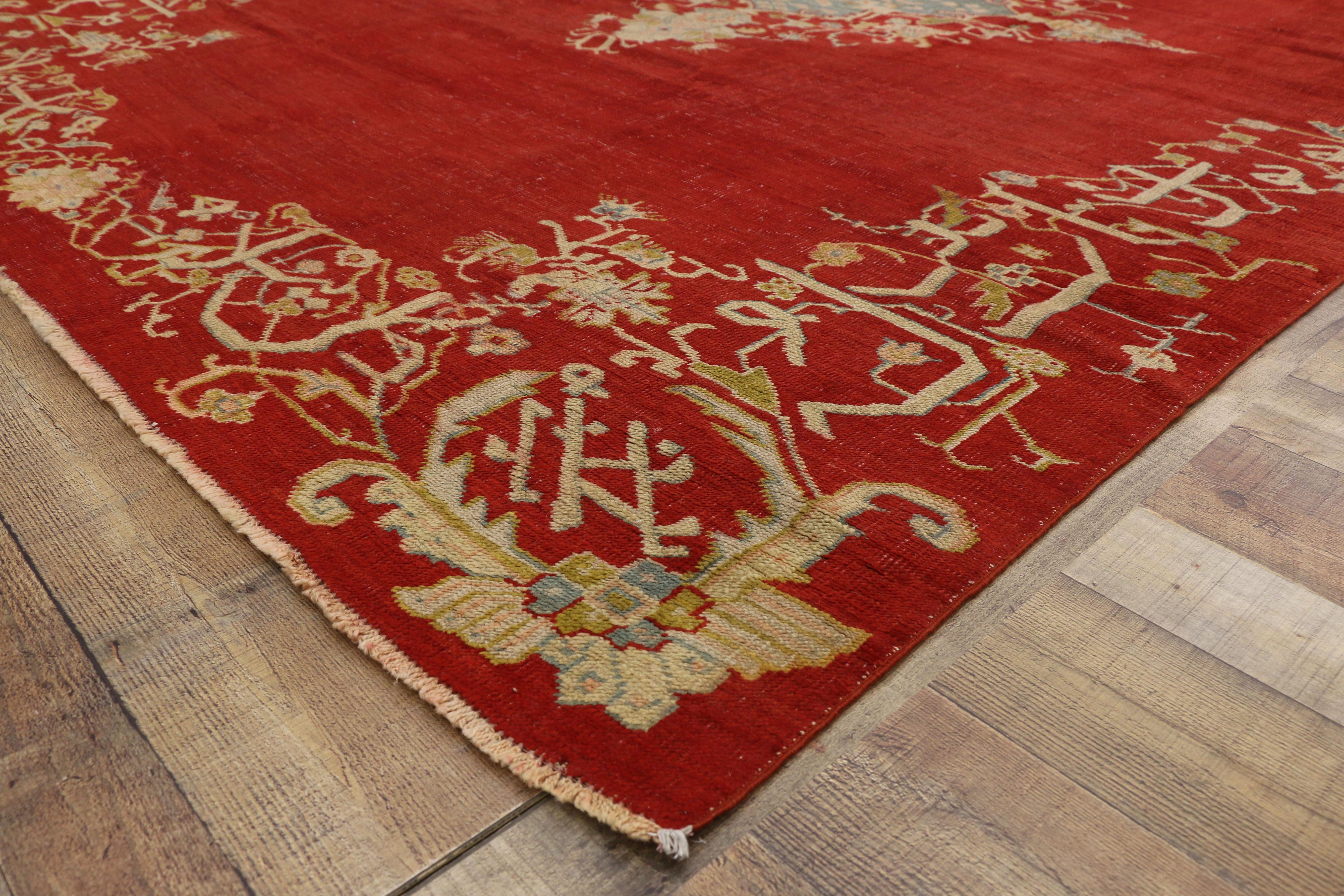 Wool Antique Red Turkish Oushak Rug with Jacobean Style For Sale