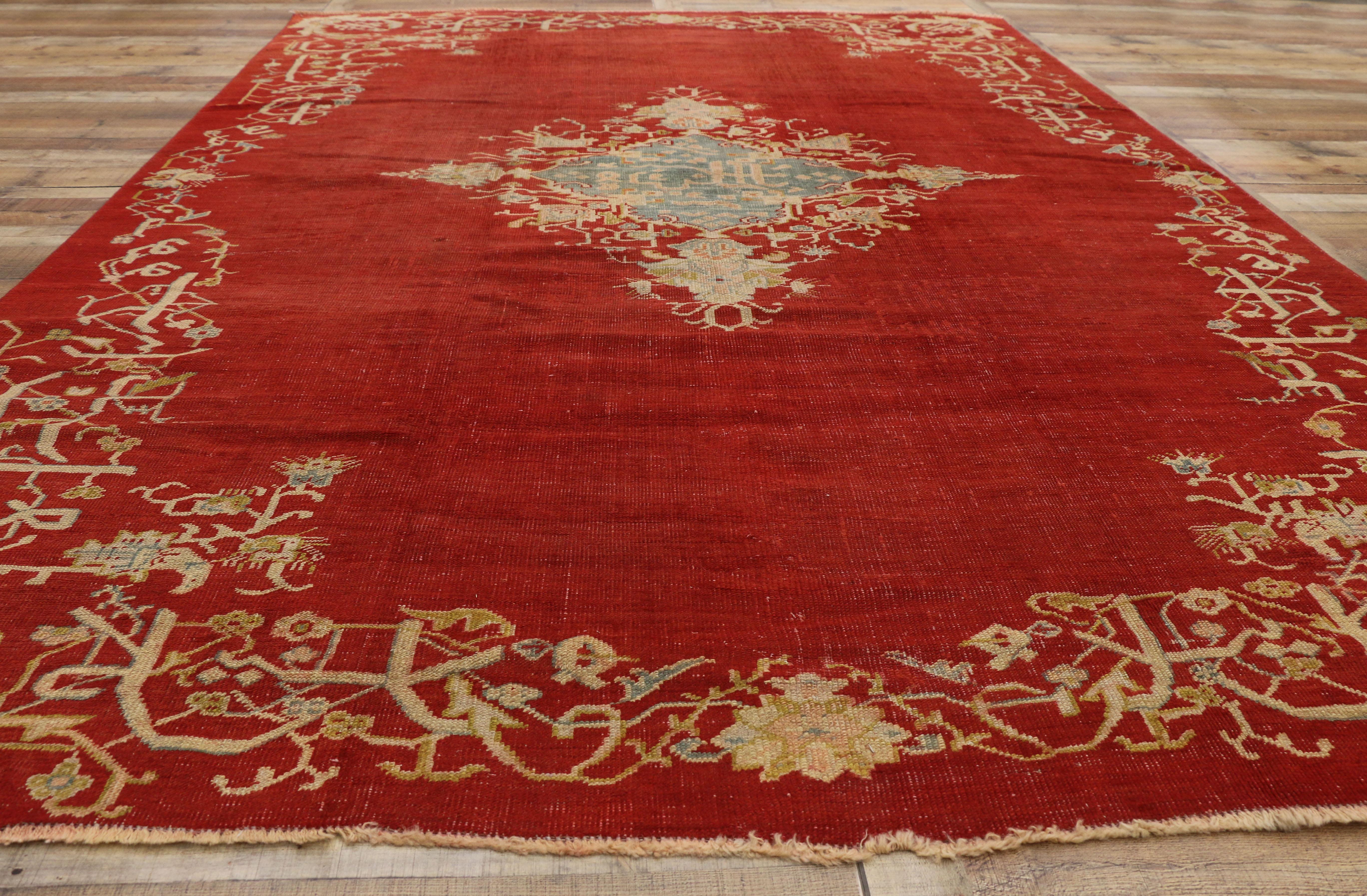Antique Red Turkish Oushak Rug with Jacobean Style For Sale 1