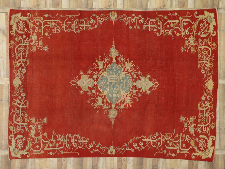 Antique Red Turkish Oushak Rug with Jacobean Style For Sale at 1stDibs