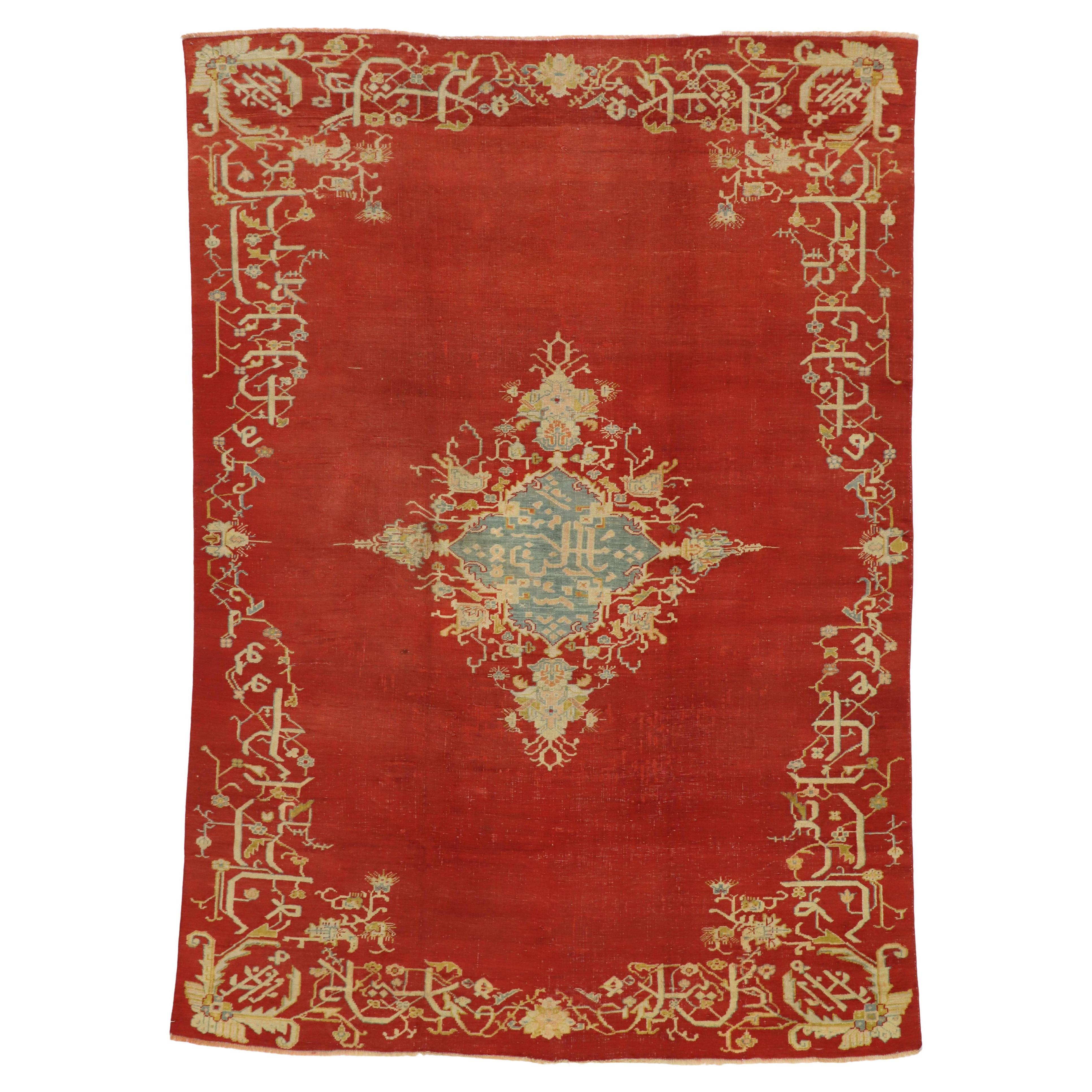 Antique Red Turkish Oushak Rug with Jacobean Style For Sale