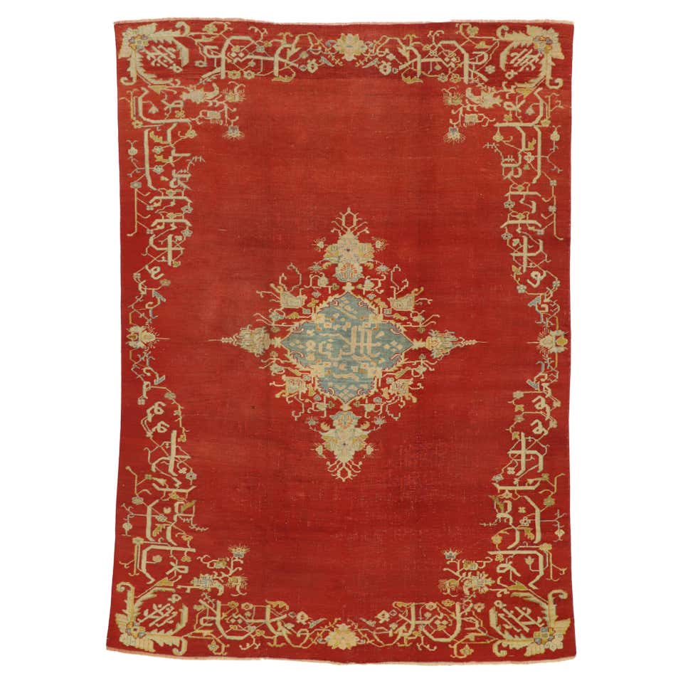 Antique Turkish Bergamo Oriental Rug, Small Square Size, with Pillars ...