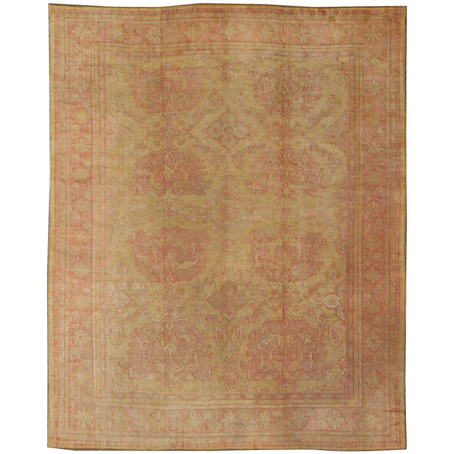 Antique Turkish Oushak Rug with Large Floral Motifs in Cream Yellow, Muted Coral