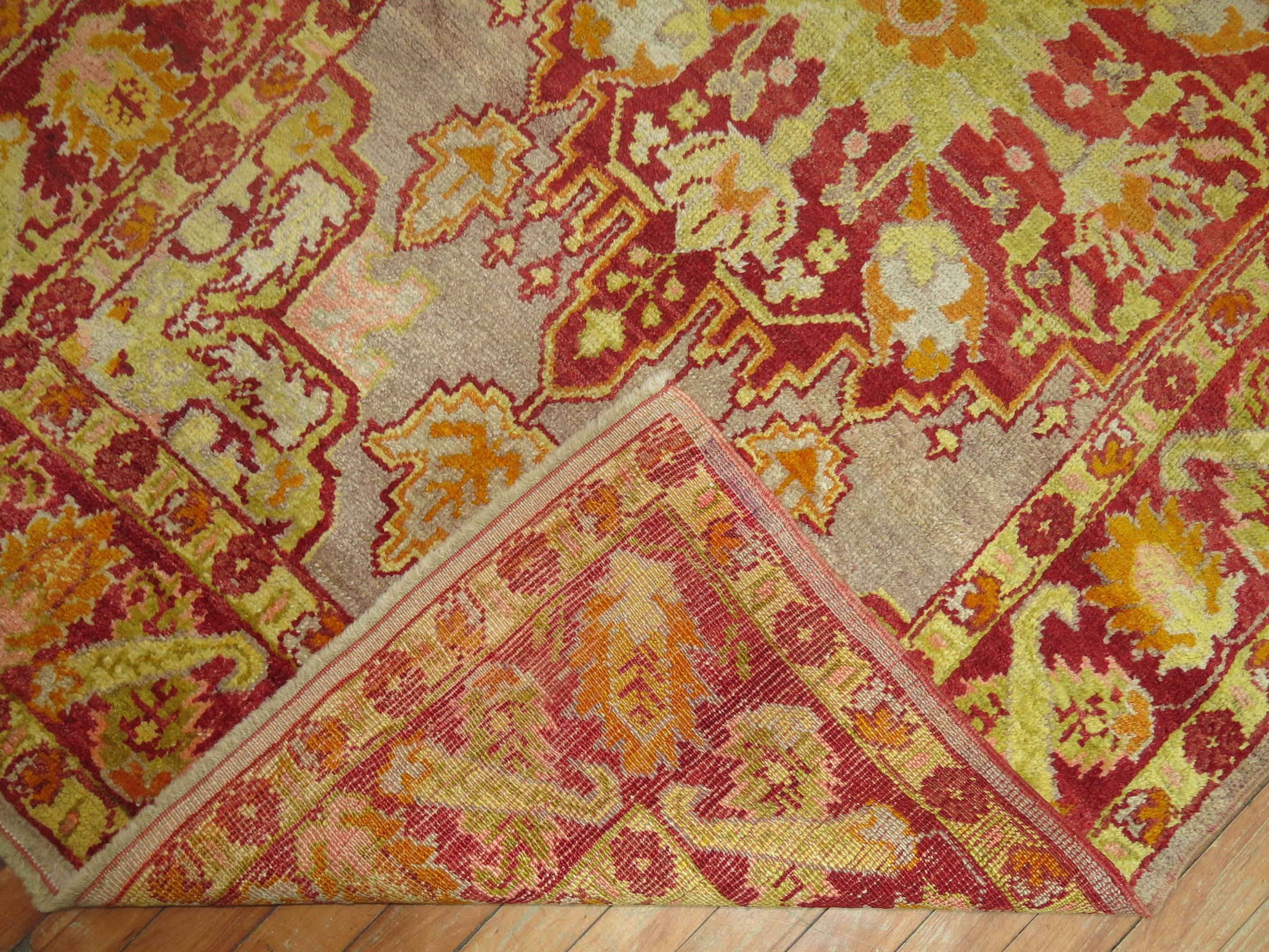 Antique Turkish Oushak Rug with Lime Green Accents In Good Condition For Sale In New York, NY