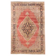 Antique Turkish Oushak Rug with Medallion Design in Red and Sage
