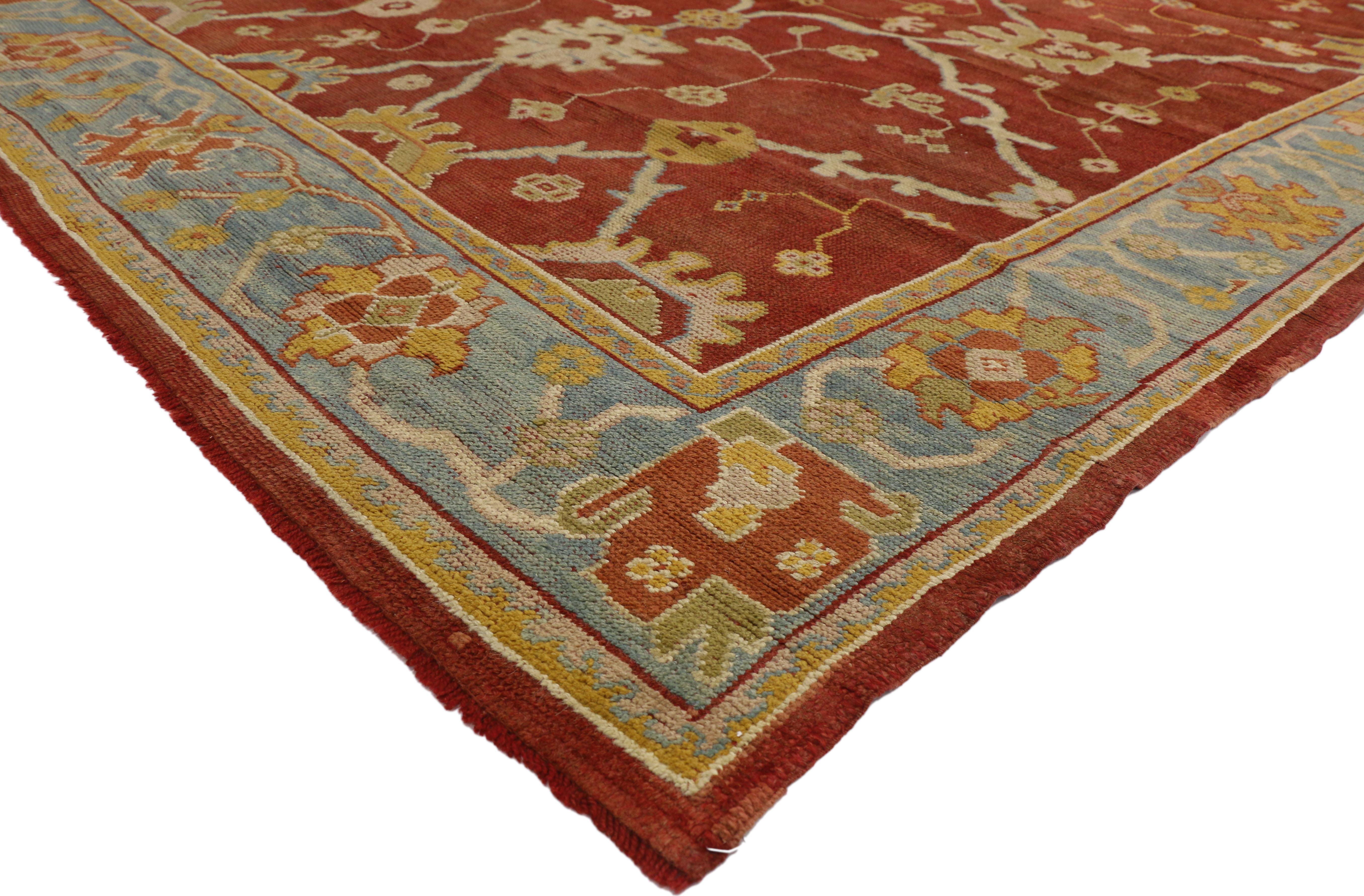 73536 Antique Turkish Oushak Long Gallery Rug with Arts and Crafts Style 07'09 x 23'05. This hand-knotted wool antique Turkish Oushak long area rug features an all-over geometric pattern composed of Harshang-style motifs, blooming palmettes, leafy