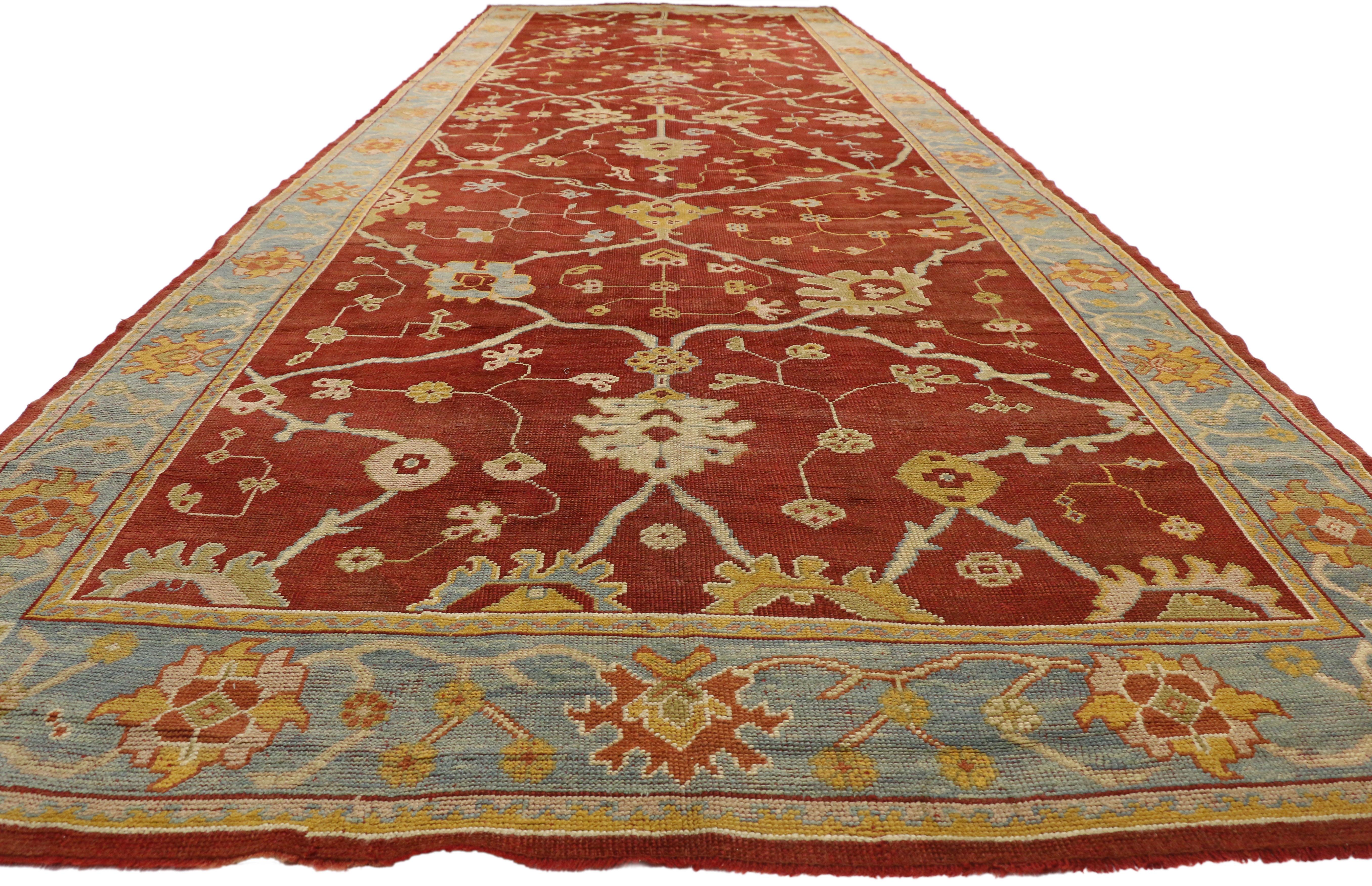 Hand-Knotted Antique Turkish Oushak Gallery Rug with Arts and Crafts Style For Sale