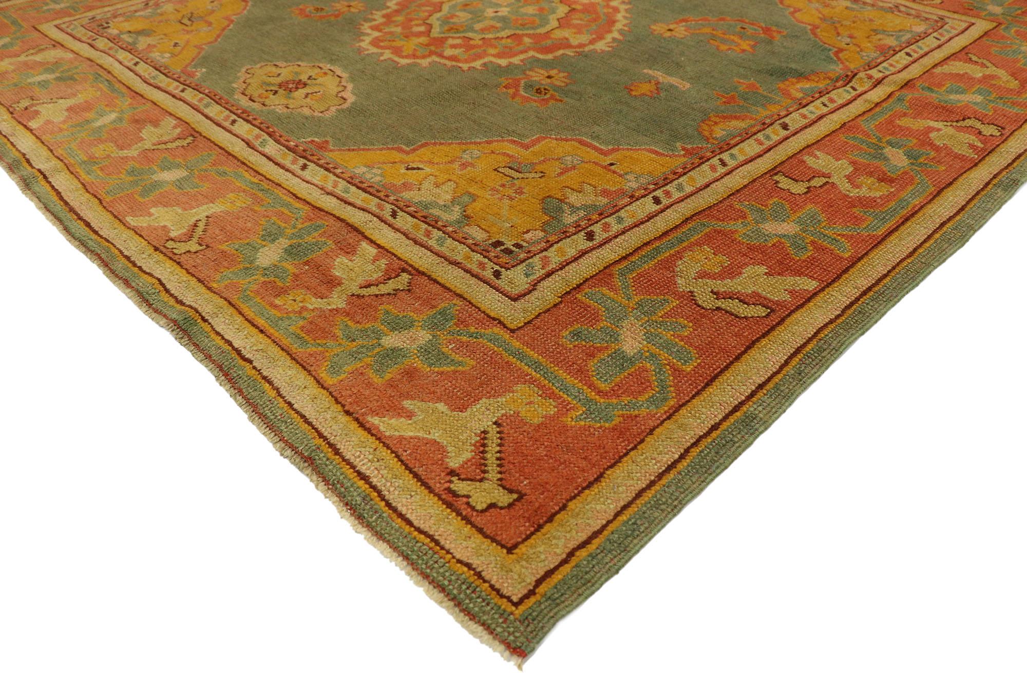 76768, antique Turkish Oushak rug with modern Mediterranean and Italian Tuscan style 05'08 x 06'01. Emanating timeless elegance and warm, earthy colors, this hand knotted wool antique Turkish Oushak rug beautifully embody a modern Mediterranean